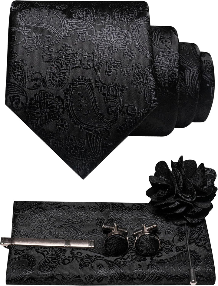 Black tone-on-tone paisley tie set with pocket square, cufflinks, silver tie clip and flower pin 37