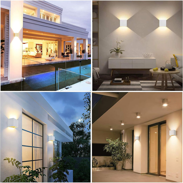 Four-scene collage of white cube wall lamps on a terrace, in a living room, on a house exterior and under a covered patio. 15