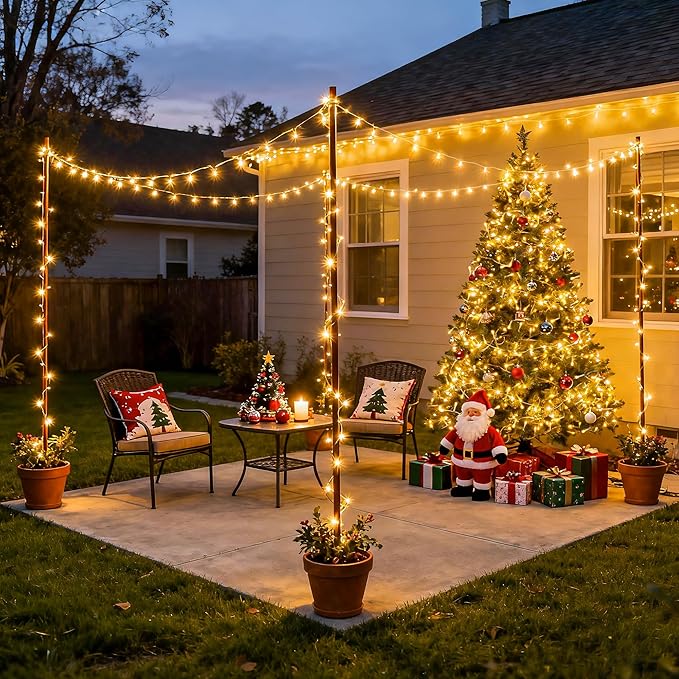 Warm-white Christmas tree string lights on a backyard patio and around a Christmas tree.