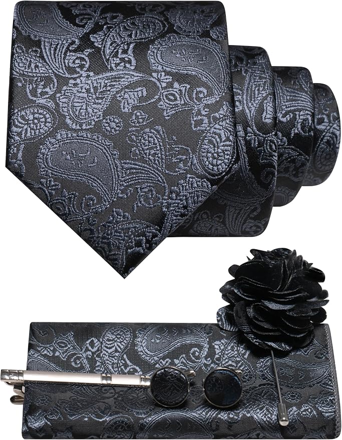 Charcoal paisley tie set with blue-gray pattern, pocket square, cufflinks, tie clip and flower pin 36