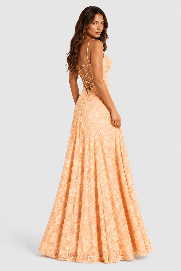 Peach floral lace dress with a criss-cross lace-up back and flared skirt, another view.