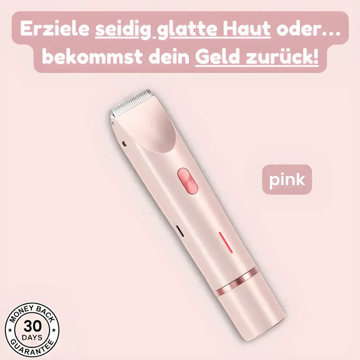 Slim pink cordless shaver with a trimmer blade, a pink power button and an indicator light, on a soft pink background.
