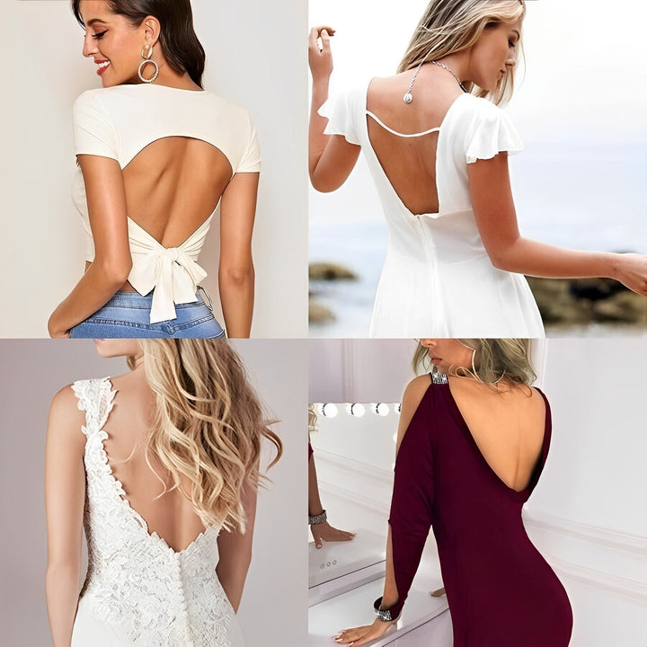 Four-photo collage of backless outfits, including a tie-back white top, a white dress, a lace gown and a burgundy dress, showing where a low-back bra suits. 7