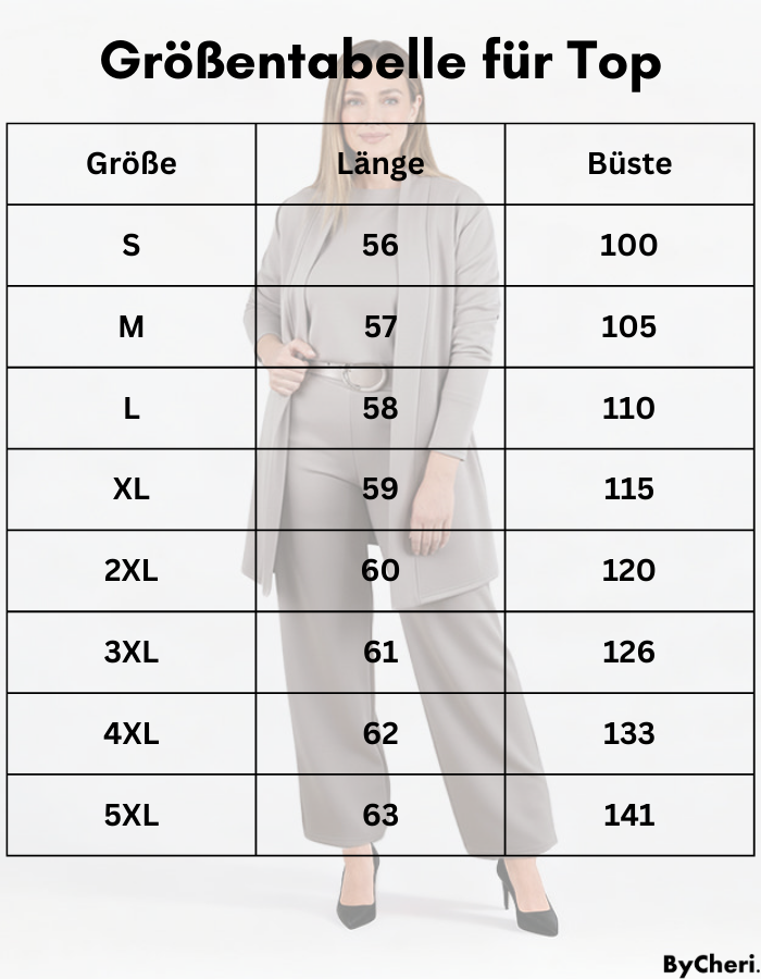 Size chart table for the top with measurements from S to 5XL.