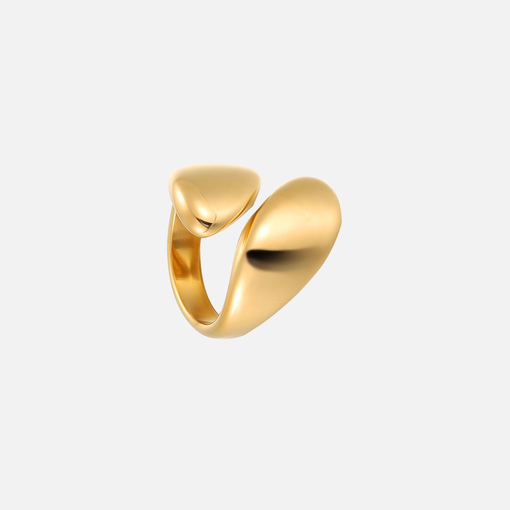 Second angle of the gold-tone open ring, showing the gap between its two smooth rounded ends and the inside of the band. 2