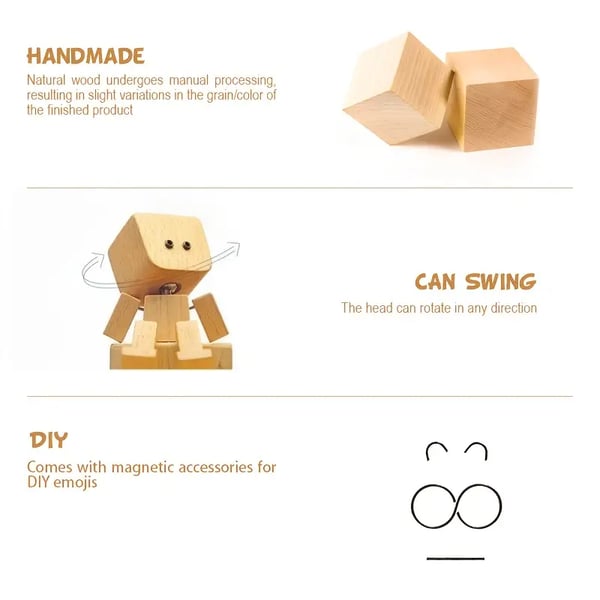 Infographic showing natural wood cubes, the swiveling head, and the magnetic accessories for do-it-yourself faces 3