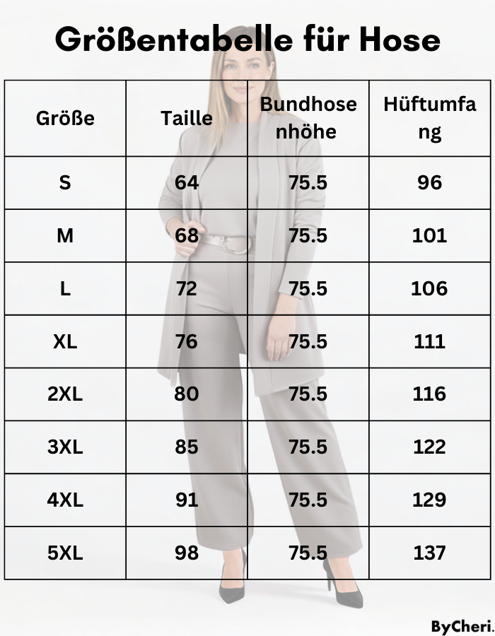 Size chart table for the pants with measurements from S to 5XL.