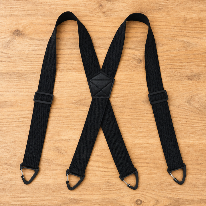 Black X-back suspenders laid flat with four black triangular clips and a stitched center patch.