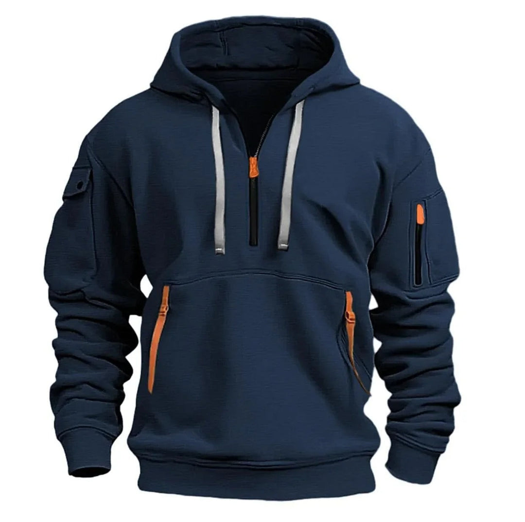 Navy blue half-zip hoodie with light gray drawstrings, orange zipper accents, sleeve zip pocket and kangaroo pocket 4