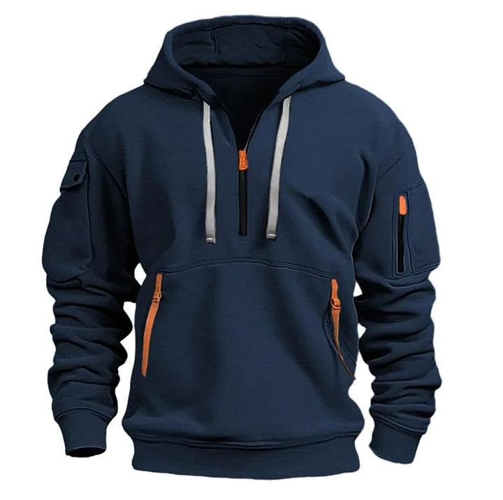 Navy blue half-zip hoodie with light gray drawstrings, orange zipper accents, sleeve zip pocket and kangaroo pocket 4