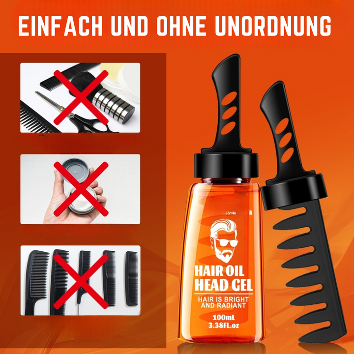 Orange bottle with comb cap next to a second bottle showing the wide-tooth comb side.