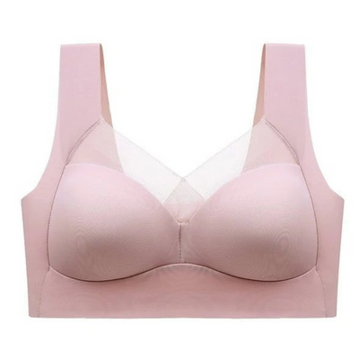 Single pink seamless bra laid flat, showing wide straps and a sheer mesh V-neckline 11