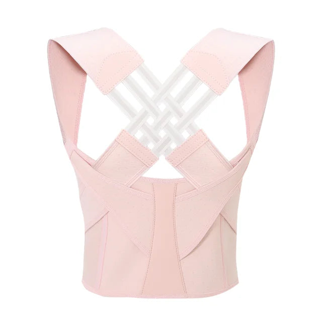 Light pink version of the posture brace laid flat from the back, with white crossed elastic bands and a soft padded back panel. 9