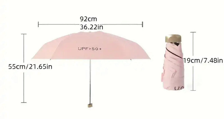 Folded pink umbrella shown open and folded with dimension lines marking its canopy width, height and folded length.