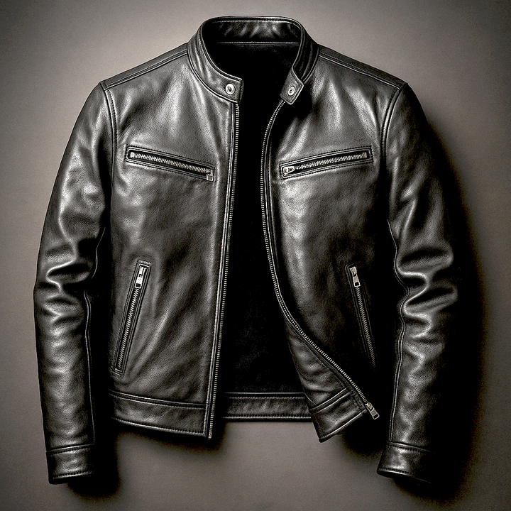 Black leather jacket laid flat and partly unzipped on a dark background, showing the stand collar and zippered chest and hip pockets. 5