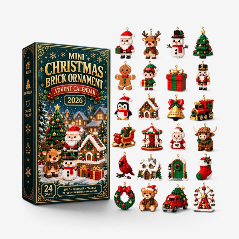 Green and gold advent calendar box and a grid of all 24 finished brick ornaments on a white background.