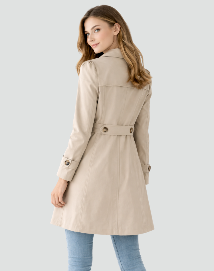 Back view of the beige trench coat showing the buttoned waist strap, back seams, and gently puffed shoulders.