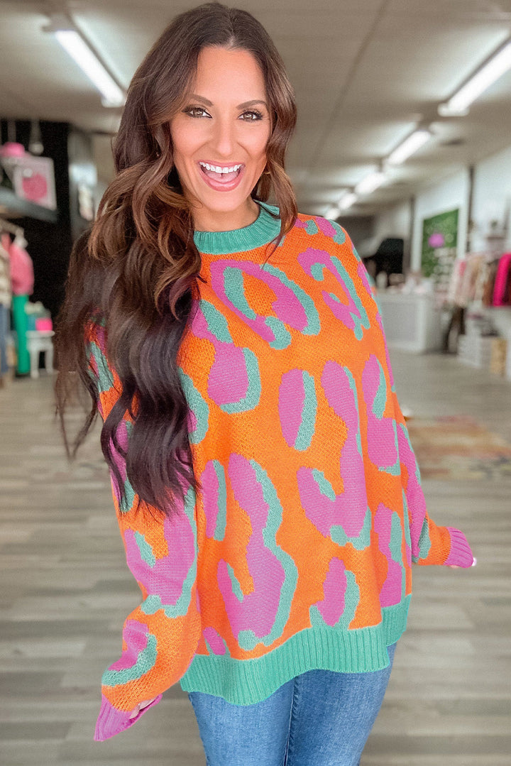 Ladies' Sweater With Color Block Leopard Print And Round Neck - Liora