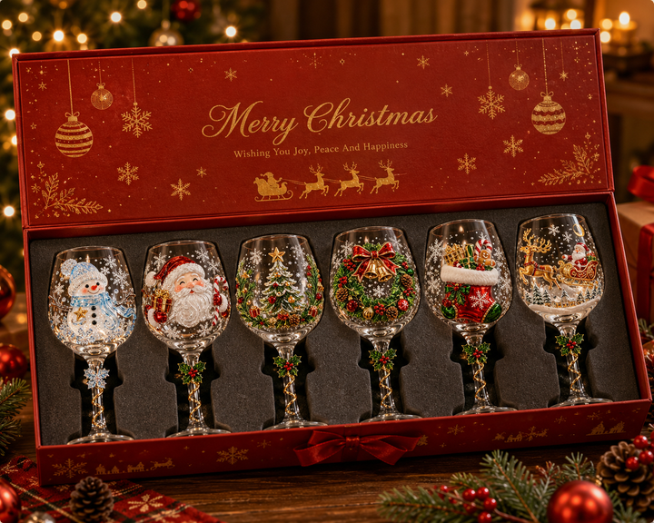 Open red gift box holding six different festive 3D wine glasses in a foam insert, tied with a ribbon at the front. 7