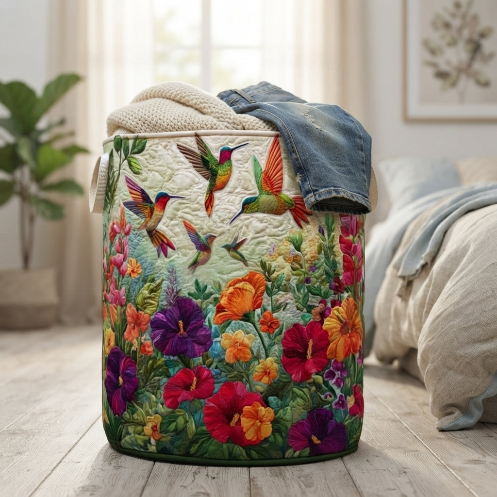 Another view of the quilted floral hamper on a bedroom floor with a cream knit throw and blue jeans.