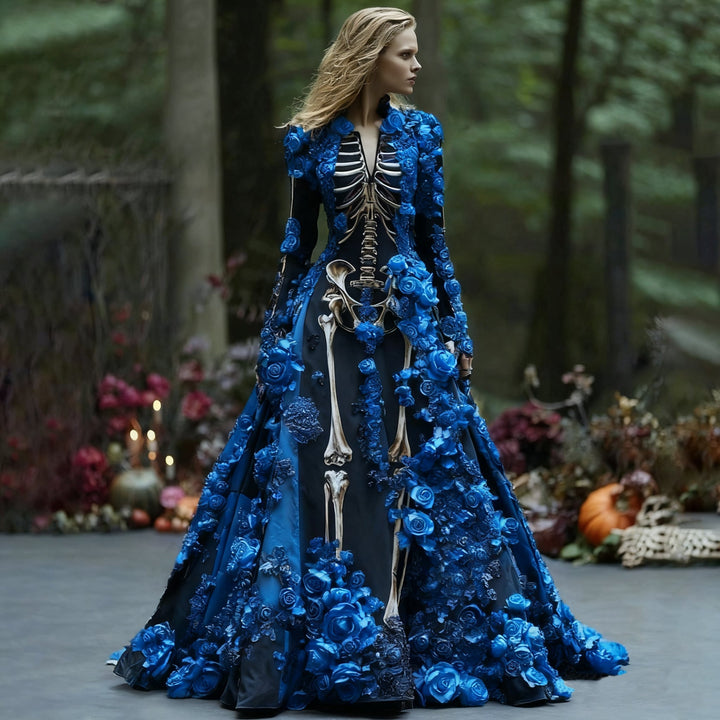 Flared long sleeve maxi dress with skeleton print and blue roses, another view.