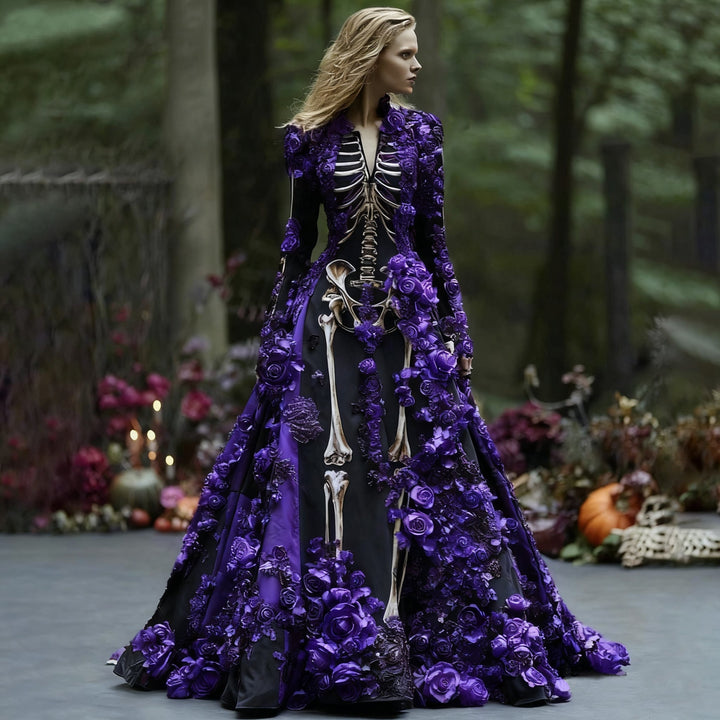 Black long sleeve maxi dress with skeleton ribs and purple roses, detail view.
