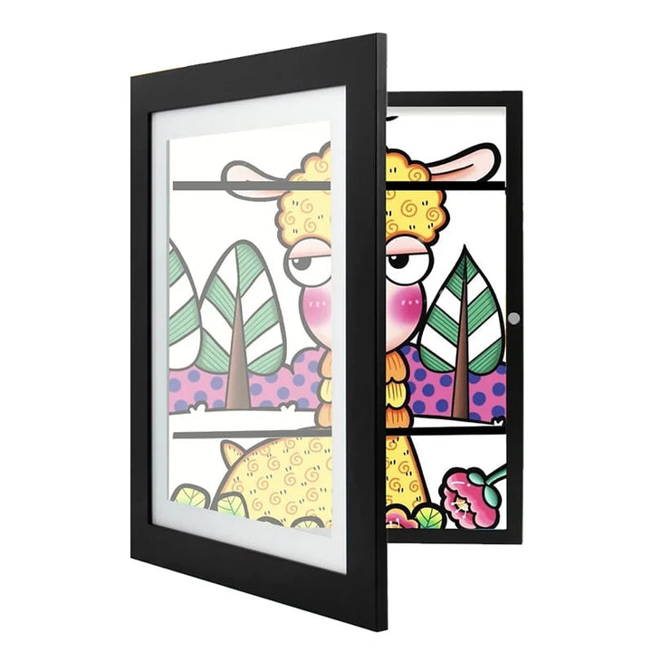 Black kids art frame detail with the front door open, showing a bright llama illustration and a mat.