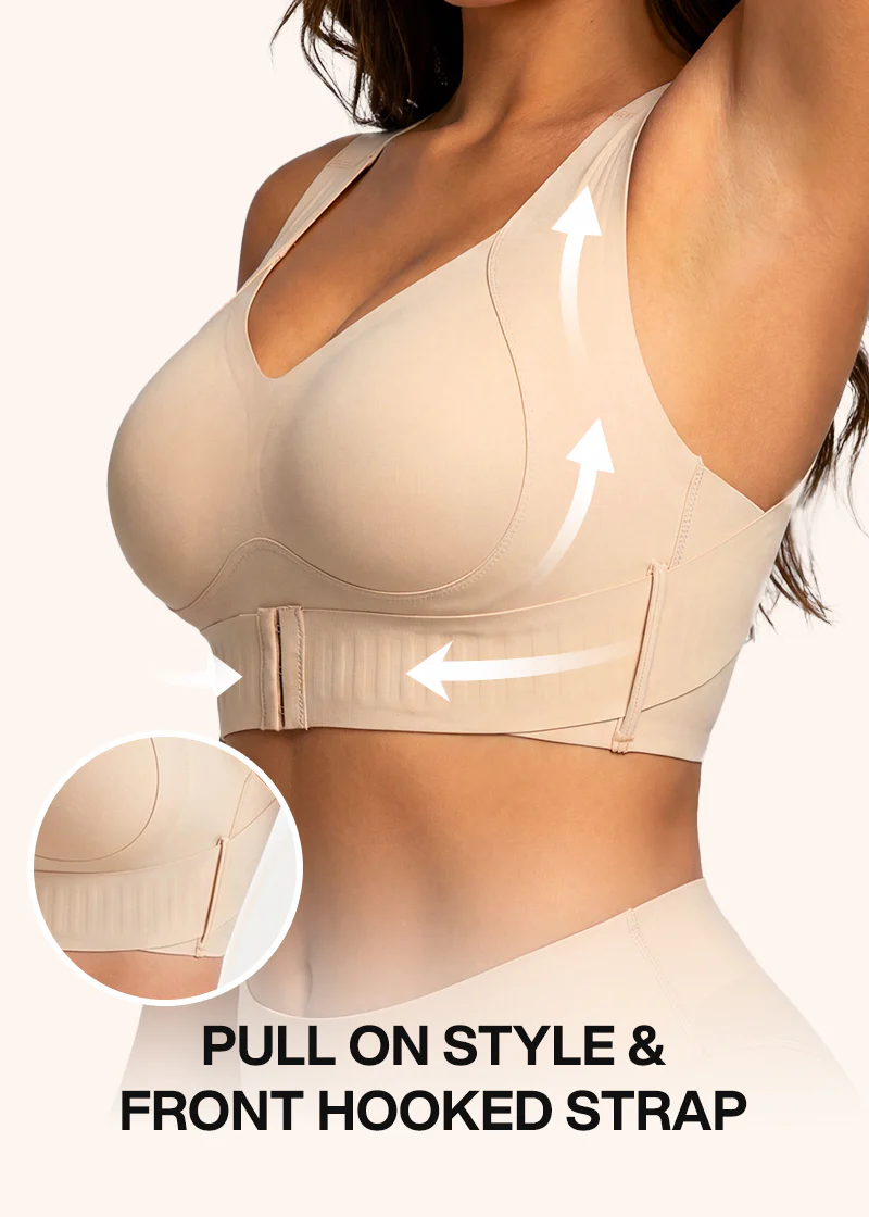 Model with one arm raised wearing the beige bra, with arrows showing lift and a close-up of the pull-on style and front hooked strap.