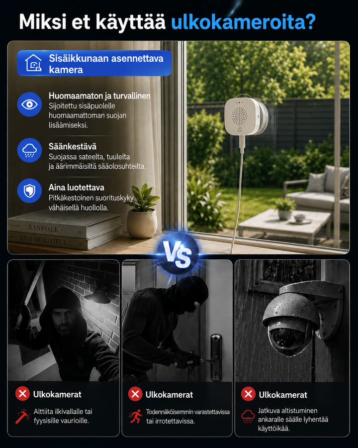 Indoor window-mounted camera compared with exposed outdoor cameras, shown by a burglar with a bat, a thief at a door and a rain-soaked dome camera. 9