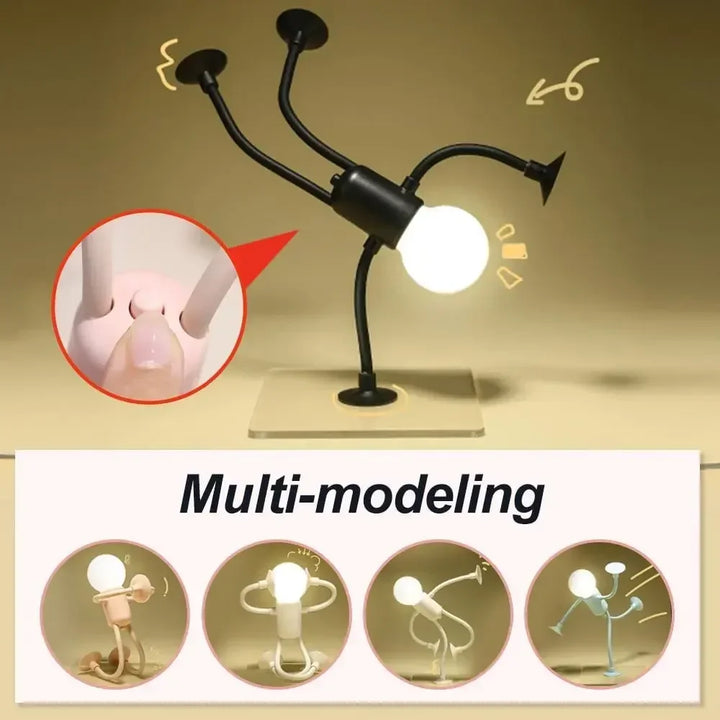 Black figure light in a handstand pose on glass, a pink close-up of its button, and four pose examples 9