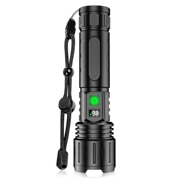 Black metal flashlight with a wrist strap, green indicator light and digital battery display