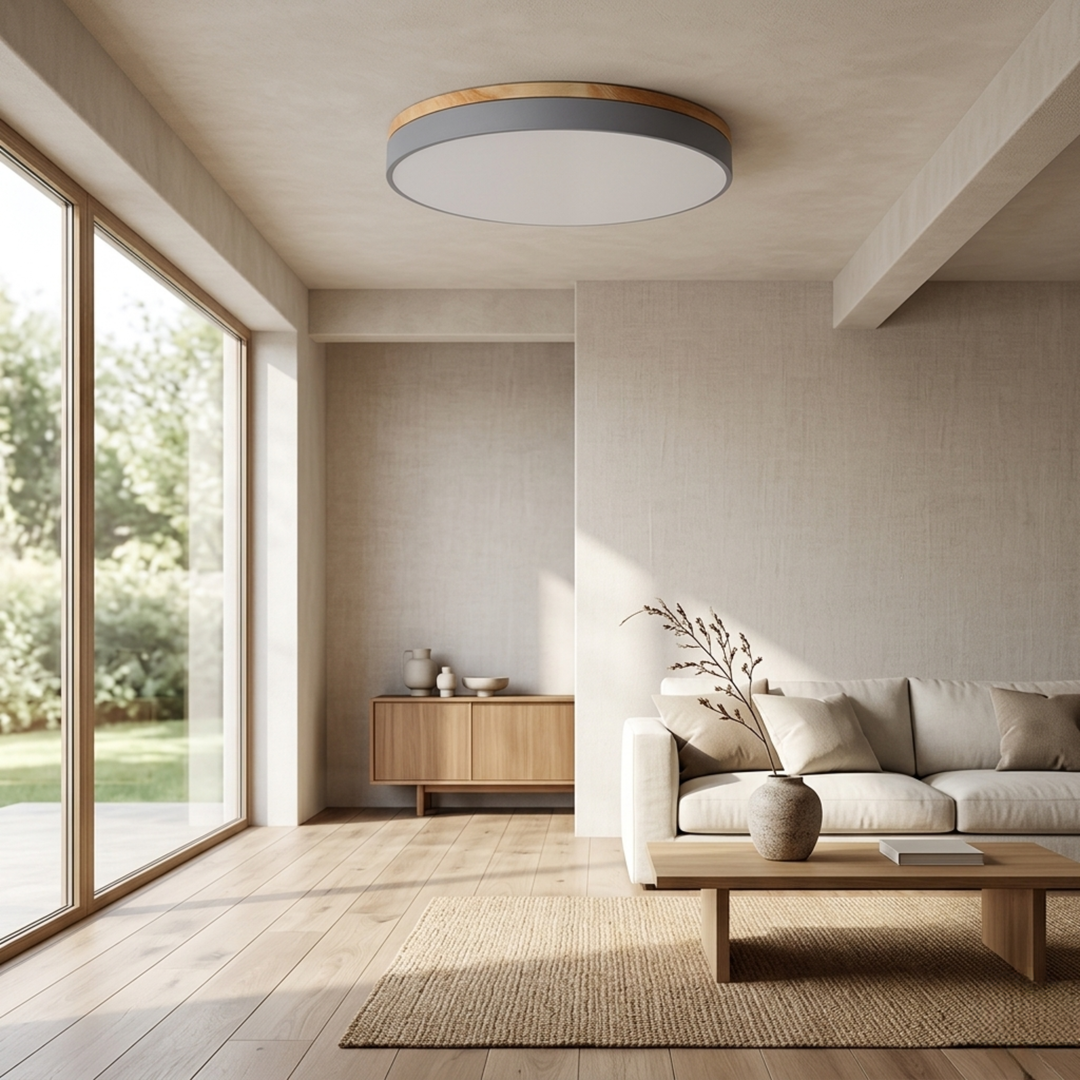 Gray disc ceiling light with wood-grain trim, switched off, in a bright living room with large windows and a sofa. 8