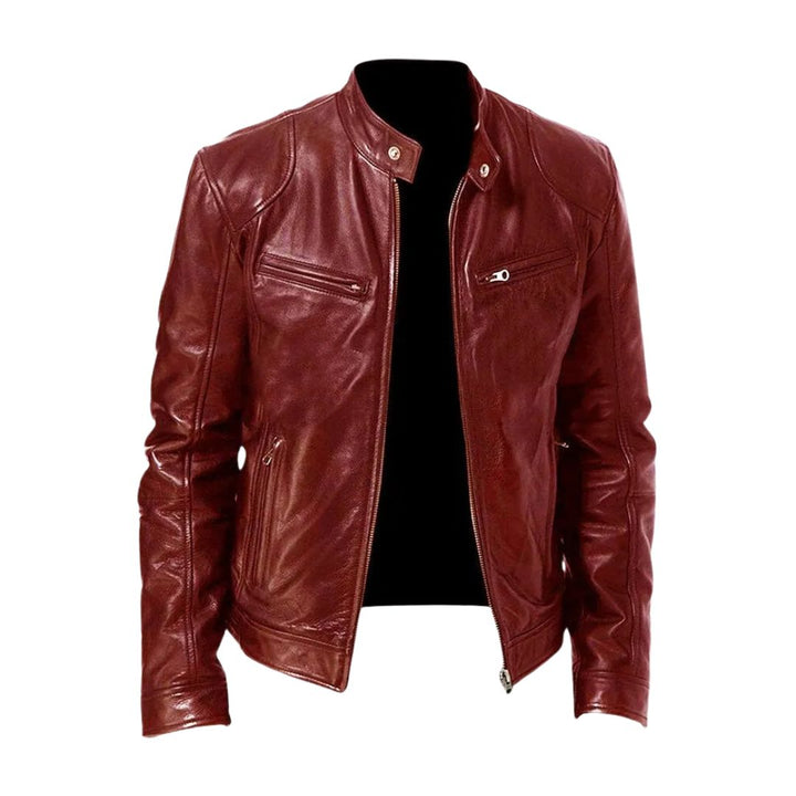 Burgundy red version of the stand-collar leather jacket, front view, unzipped with a glossy finish 6