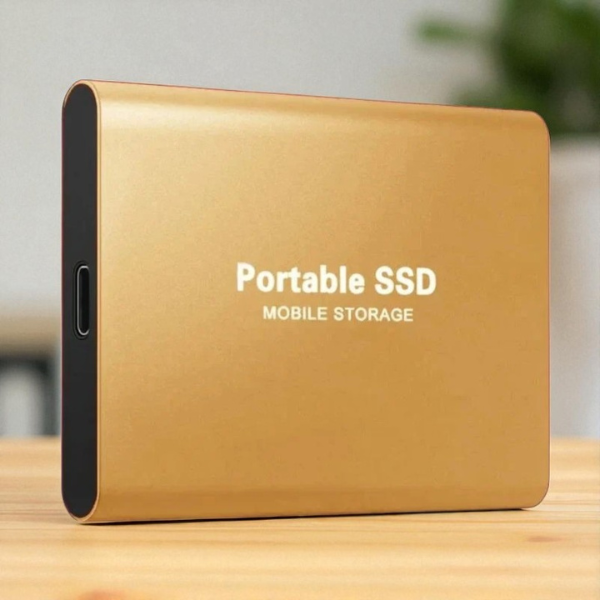 Gold portable drive another view standing upright.
