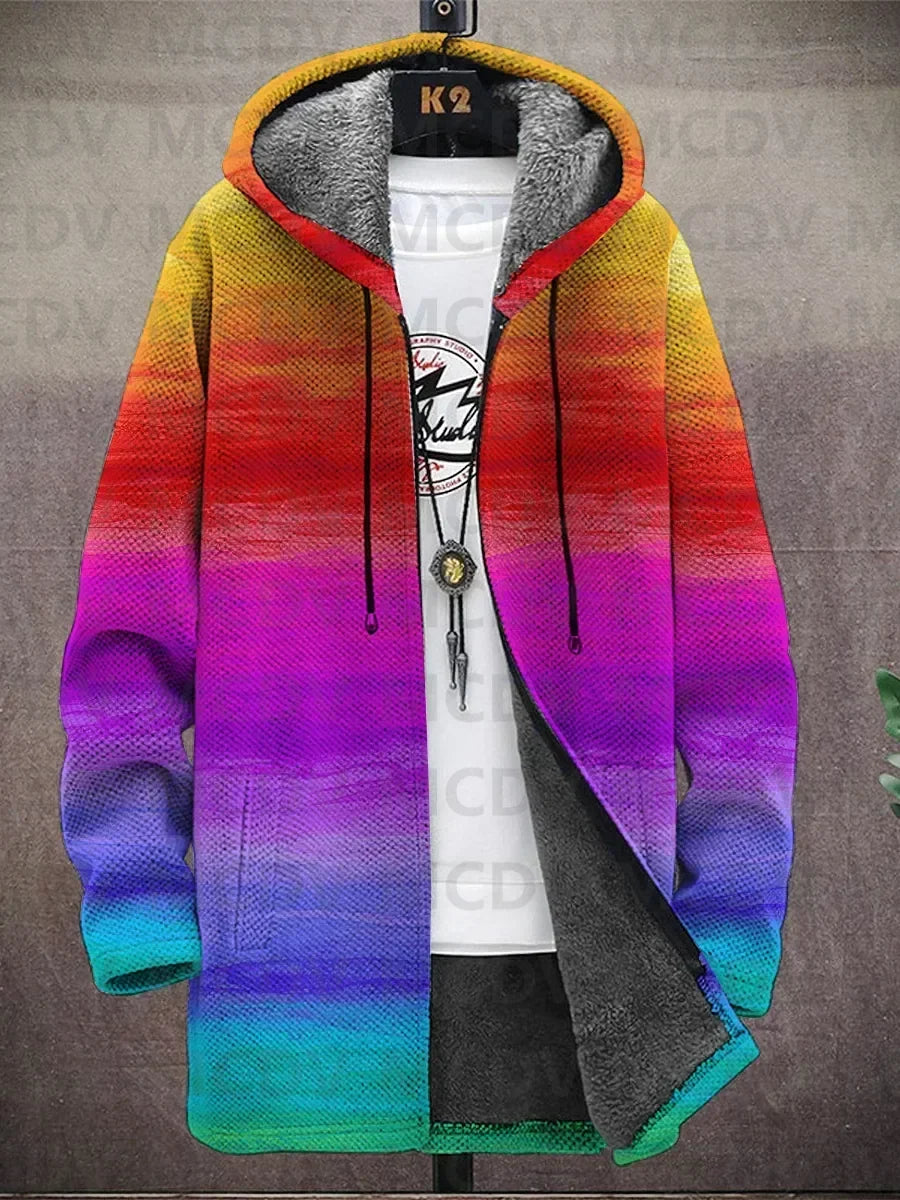 Hooded jacket on a hanger with a horizontal gradient from yellow through red and purple to teal 9