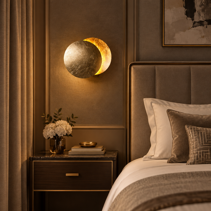 Gold-leaf disc lamp glowing above a marble nightstand beside an upholstered bed in a warm bedroom 1