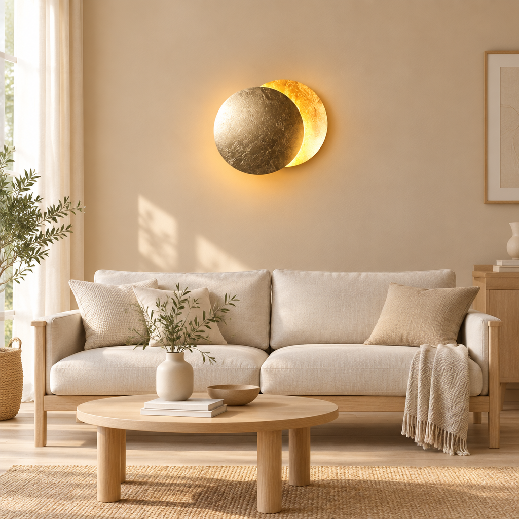 Gold-leaf round wall lamp glowing above a beige sofa and round wooden coffee table in a living room 1