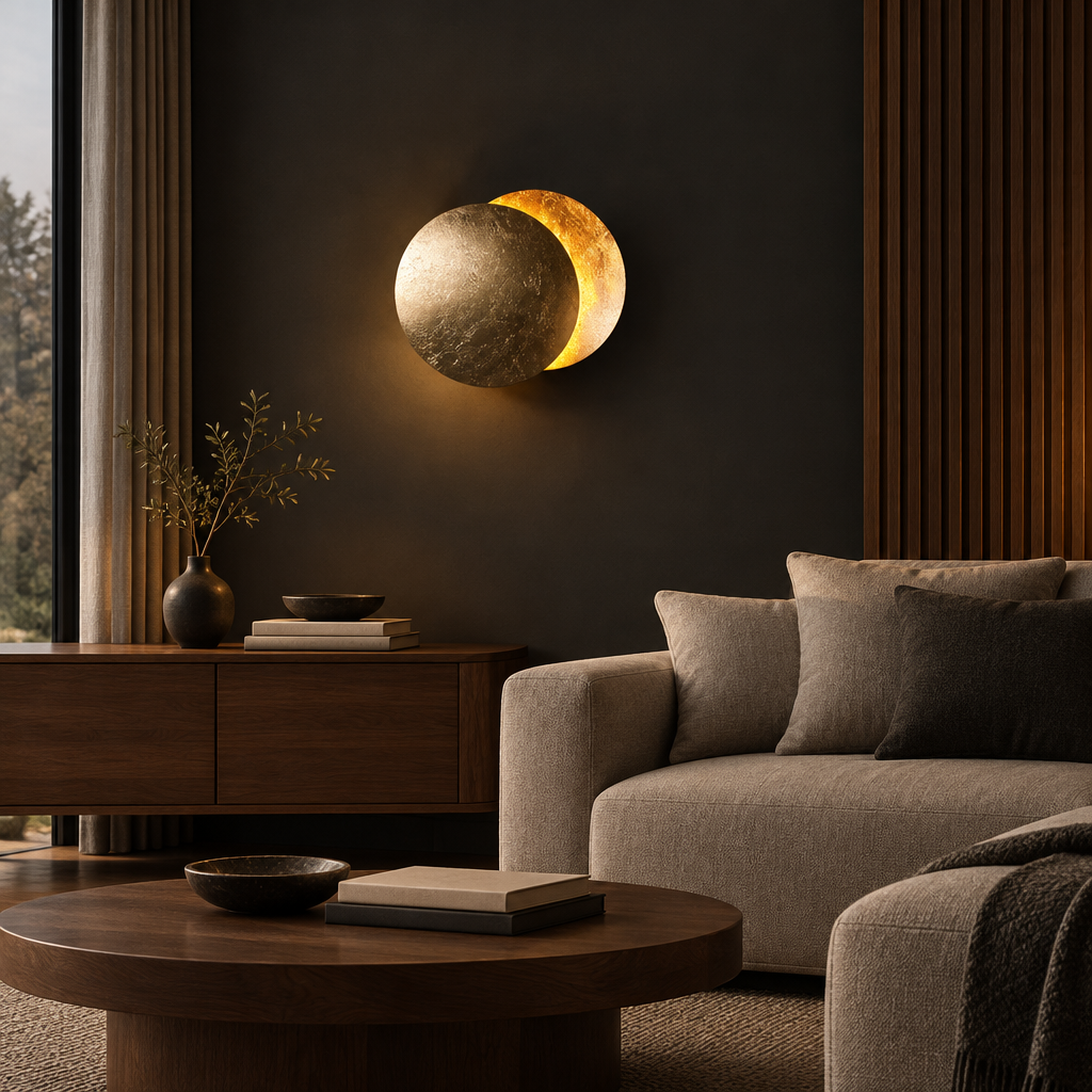 Gold-leaf disc wall lamp glowing on a dark wall above a wooden sideboard and beige sofa 1