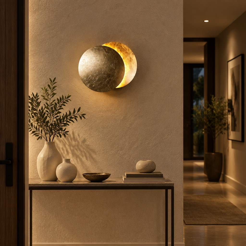 Silver-toned moon wall lamp glowing gold above a console table with vases, bowl and books in a hallway 1