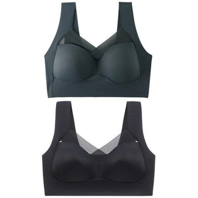 Pair of seamless wide-strap bras with mesh neckline, one dark green-gray and one black 22