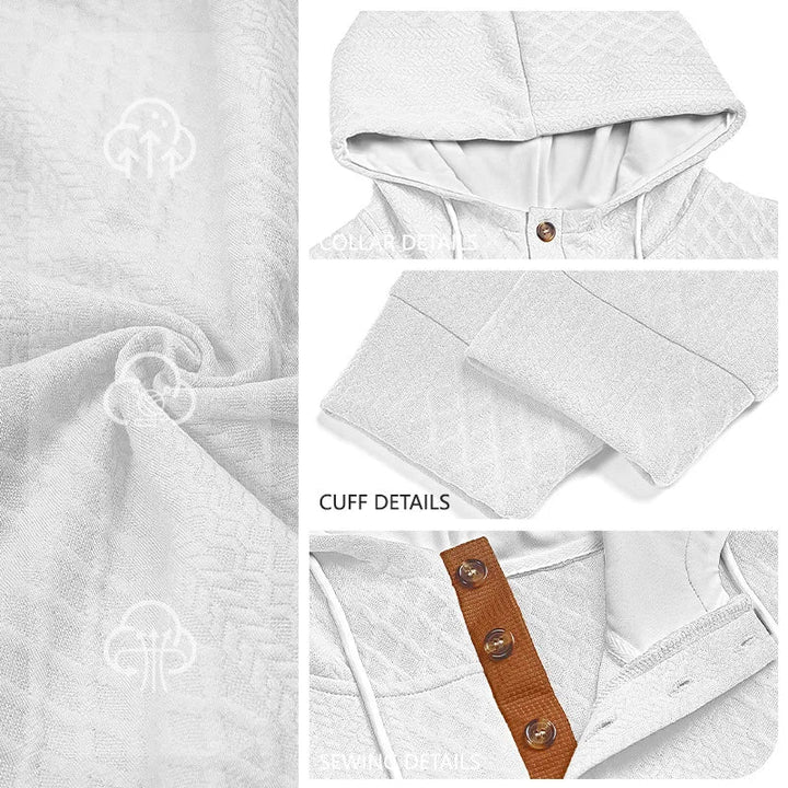 Collage of white hoodie fabric texture, collar, cuff and button placket sewing details with small feature icons 9