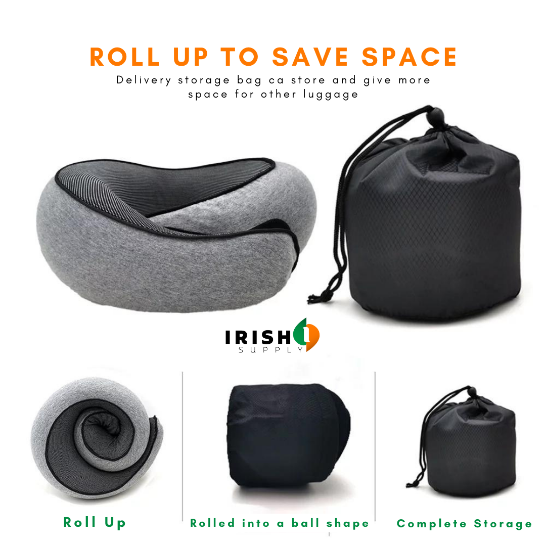 Gray front-support travel neck pillow with teal lining beside a black drawstring bag.