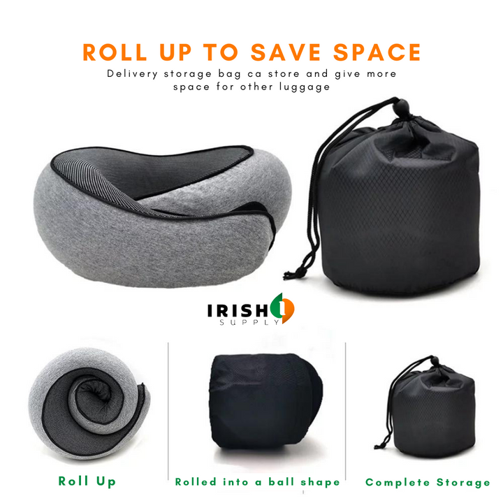 Gray front-support travel neck pillow with teal lining beside a black drawstring bag.