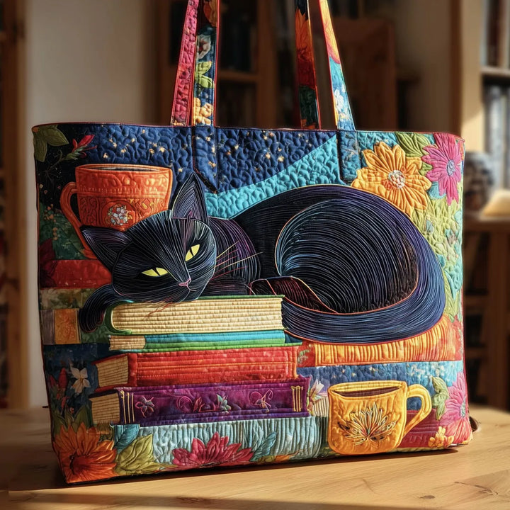 Black Cat with Books & Cups padded quilted tote bag in black and multicolor