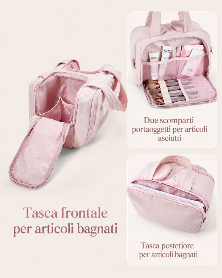 Open pink organizer bag showing mesh pockets, makeup brushes and skincare tubes.