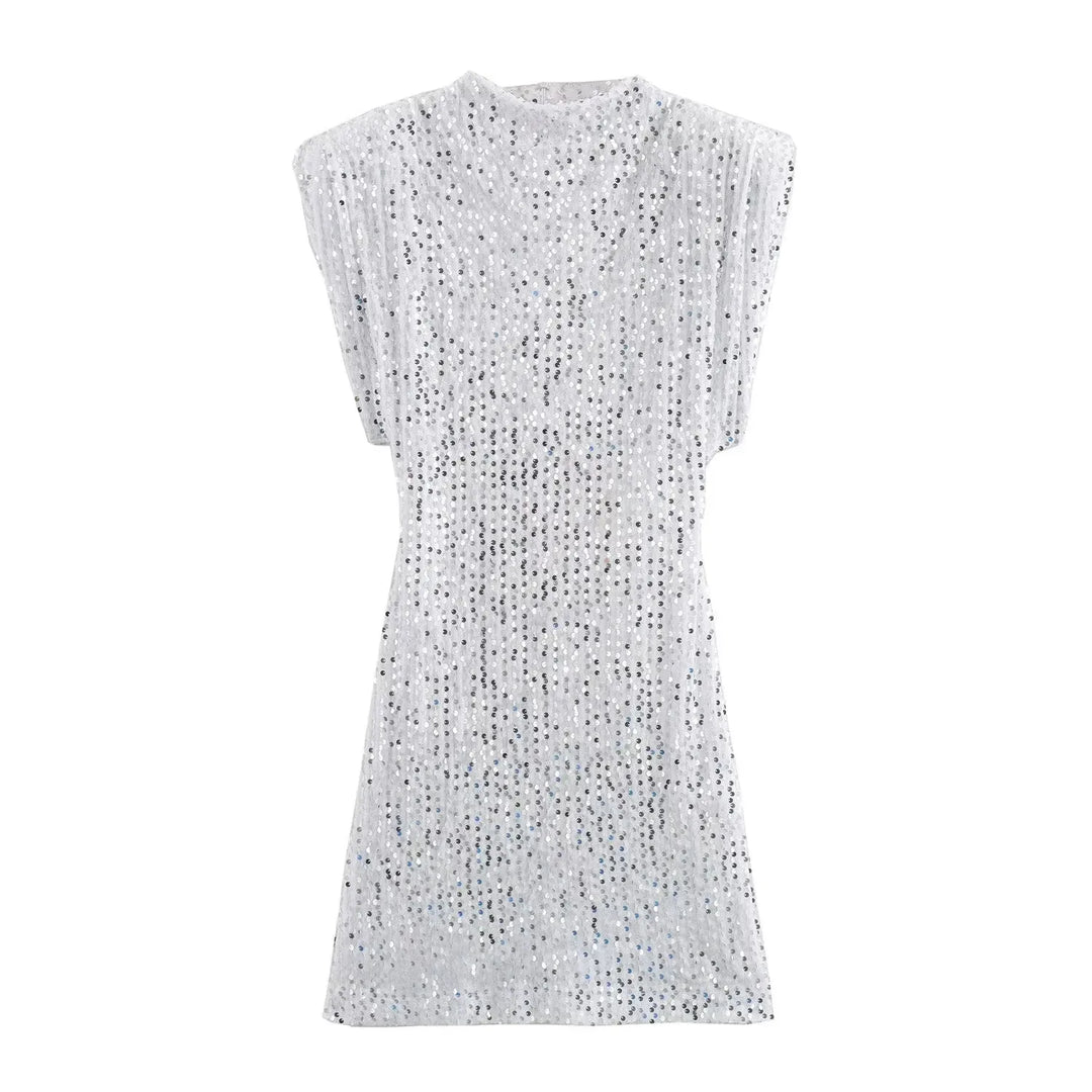 Front view of white sequined mini dress with silver sequins, laid flat 9