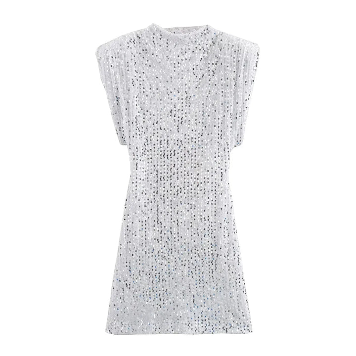 Front view of white sequined mini dress with silver sequins, laid flat 9