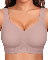 Small front view of the bra in dusty mauve pink with wide straps and ribbed lower band. 10