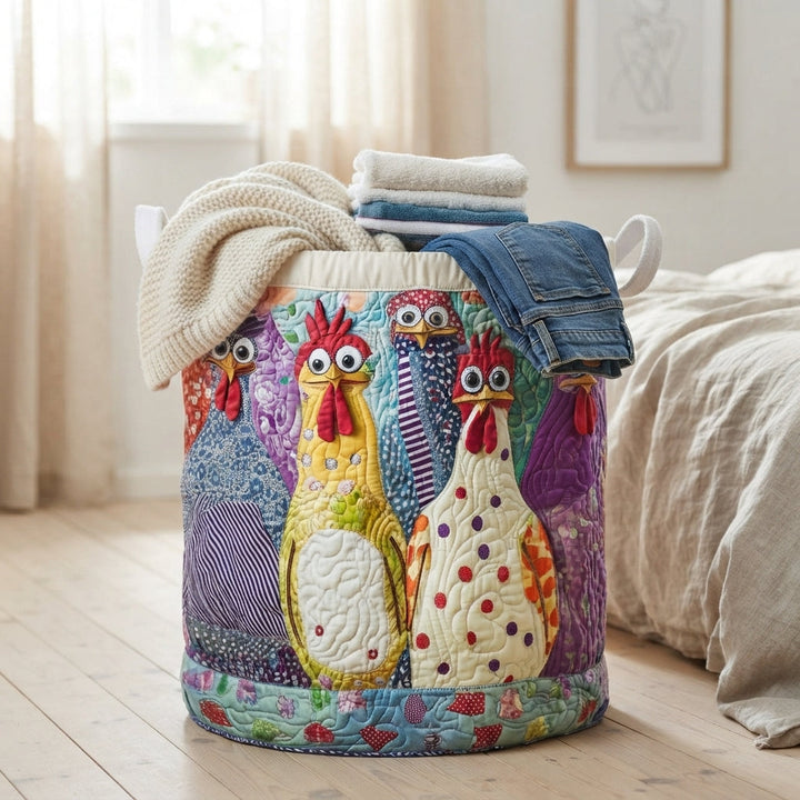 Padded fabric laundry basket, another view with chicken pattern.