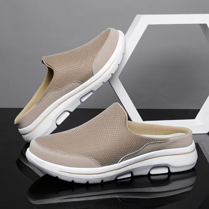 Orthofit 2.0 sport sandals in beige with white soles, pair shown from another view.
